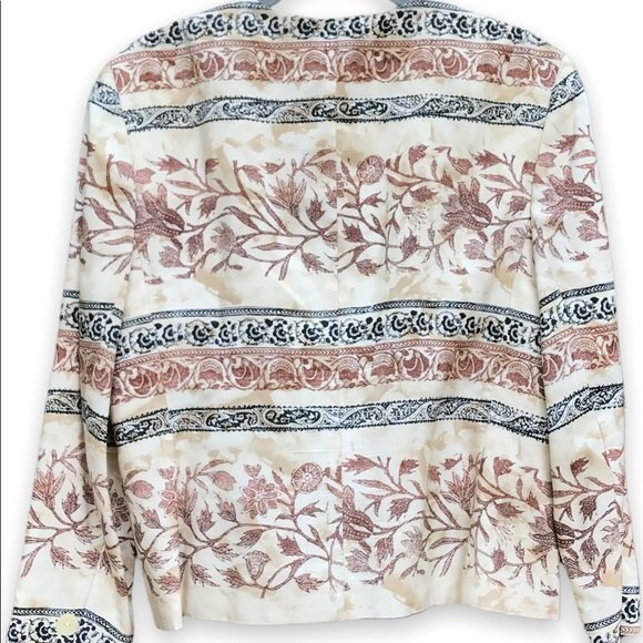 Jones New York Silk Floral Batik Blazer Tan Jacket Button Front Women Size 14P - Picture 4 of 9